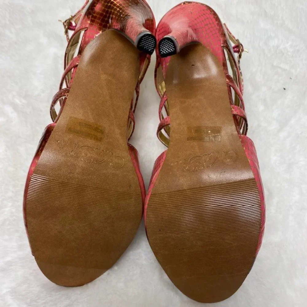 WILD ROSE Gold Pink Strappy Faux Snake Heels, size 7‎